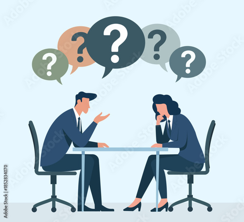 Business discussion with question marks, two colleagues debating, problem solving at work, business communication challenge, creative brainstorming session