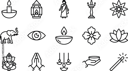 Diwali icon set, Indian culture symbols, diya, lantern, Ganesha, prayer hands, festive elements, black and white line art