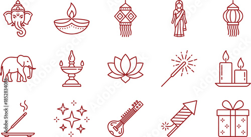 Diwali icon set, Indian culture symbols, Ganesha, diya, lantern, fireworks, gift, music, red line style vector art
