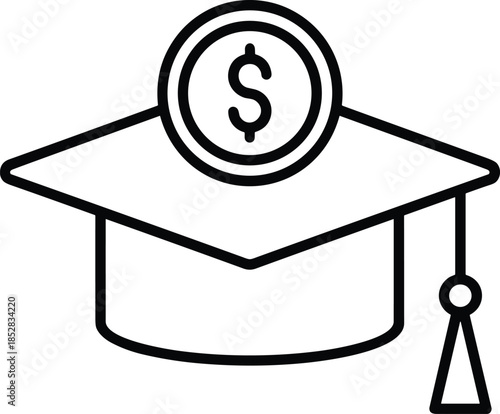 Graduation cap icon, dollar coin symbol, education cost, student loan, scholarship concept, black and white line art