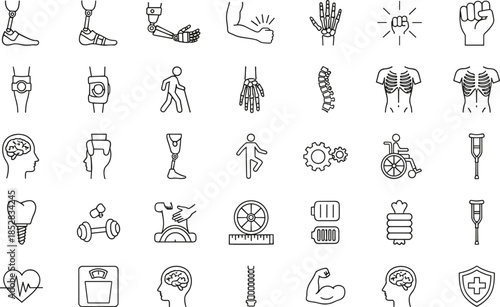 Medical and rehab icon set, prosthetics, braces, spine, heart, therapy, health monitoring, black and white line vector art