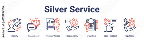 Silver Service banner web icon vector illustration concept for education with icon of Integrity, Transparency, Trustworthiness, Responsibility, Evaluation, Good Feedback.