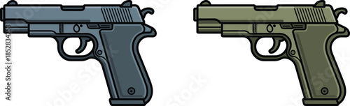 Handgun Pistol Set in Blue and Green Colors Flat Vector Illustration Isolated on White Background