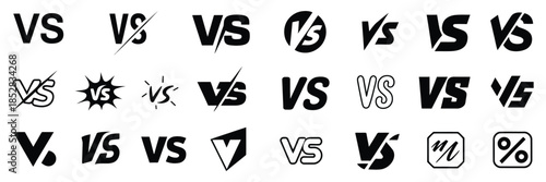 Versus logo for competition and championship, set of versus icons in black, compare template for game, battle and sport, vs letters logo collection, black versus logo letters in clean vector style.