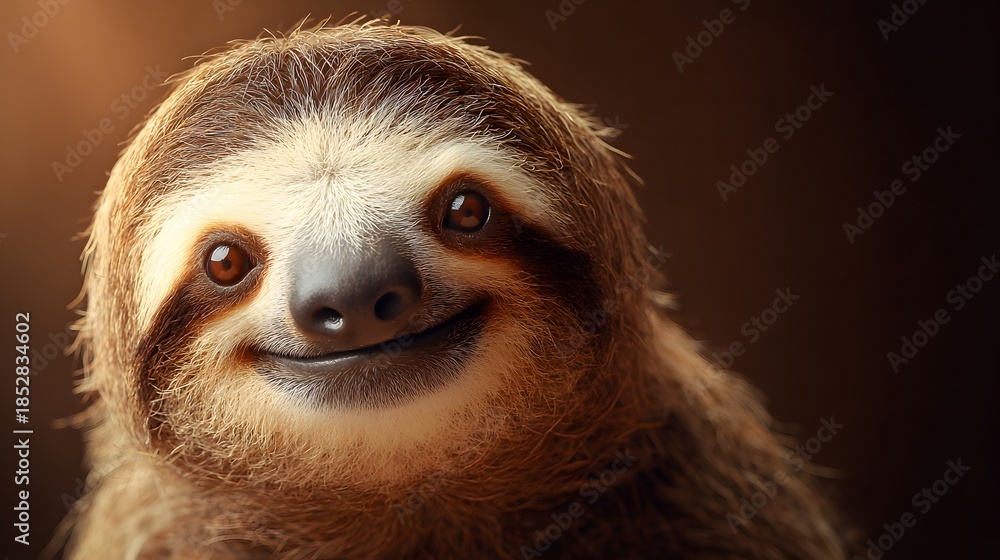 Fototapeta premium Close-up portrait of a smiling sloth with brown eyes and soft fur.