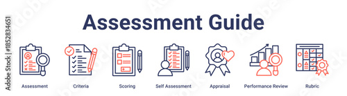 Assessment Guide banner web icon vector illustration concept for education with icon of Assessment, Criteria, Scoring, Self Assessment, Appraisal, Performance Review.