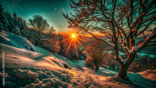 Beautiful Winter Sunset Over Snow-Covered Landscape with Warm Sunlight Rays Shining Through the Trees