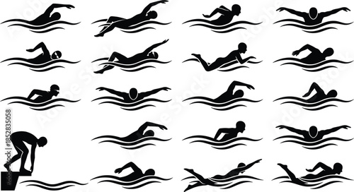 Swimming silhouette vector icons, freestyle stroke, butterfly technique, backstroke, breaststroke, diving poses, water motion, athlete, aquatic sport