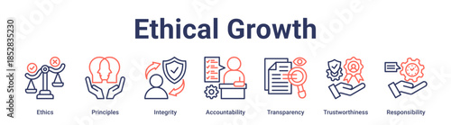 Ethical Growth banner web icon vector illustration concept for education with icon of Ethics, Principles, Integrity, Accountability, Transparency, Trustworthiness.