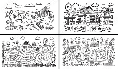 city doodle clipart, town illustration icons, hand drawn map art, cute city sketches, urban doodle designs, black white city clipart, printable city elements, travel illustration pack, city outline co