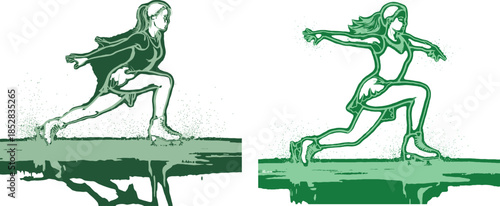 Two women ice skating in a competition with speed and agility