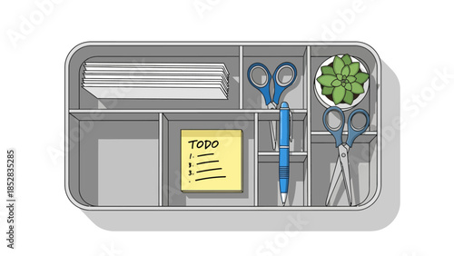 Desk organizer with office supplies a plant and a todo list