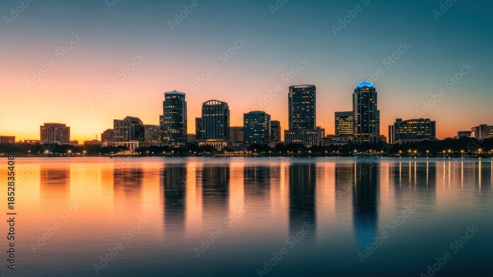 Fototapeta premium City skyline reflects in calm water under a colorful dawn sky
