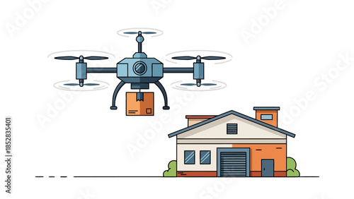 Drone delivering package to a house with garage