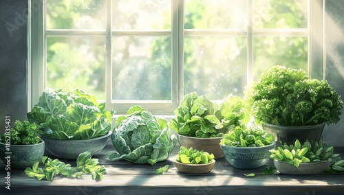 Wallpaper Mural Fresh Green Vegetables and Herbs on Sunlit Wooden Kitchen Countertop by Bright Window Torontodigital.ca