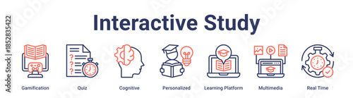 Interactive Study banner web icon vector illustration concept for education with icon of Gamification, Quiz, Cognitive, Personalized, Learning Platform, Multimedia, Real.