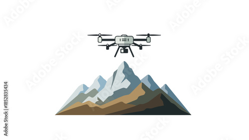 Drone flies above stylized pixelated mountains on a white background