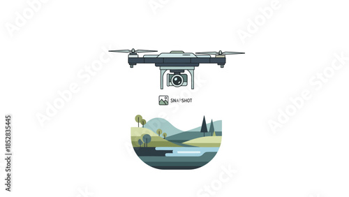 Drone hovering over a pixelated landscape with the word SNAPSHOT