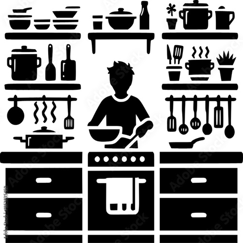 Culinary Creation: Silhouette of a chef immersed in the art of cooking, surrounded by essential kitchen utensils, ready to create delectable dishes. 