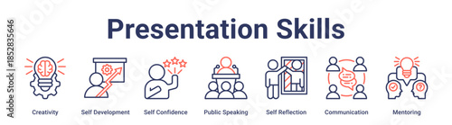 Presentation Skills banner web icon vector illustration concept for education with icon of Creativity, Self Development, Self Confidence, Public Speaking, Self Reflection, Communication.