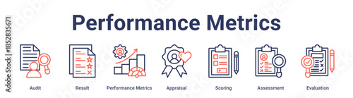 Performance Metrics banner web icon vector illustration concept for education with icon of Audit, Result, Performance Metrics, Appraisal, Scoring, Assessment.