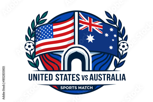 United states vs australia soccer sports match emblem with flags and laurel wreath