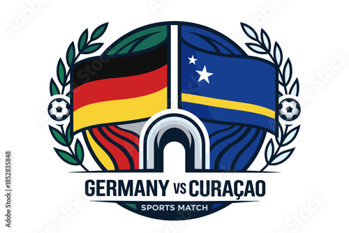 Germany vs curacao sports match logo emblem with flags and wreath