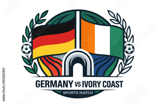 Germany vs ivory coast sports match logo emblem with flags and wreath
