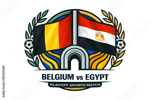 Belgium vs egypt playoff sports match emblem with flags and laurel wreath