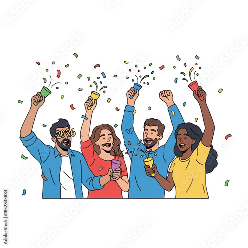 Four diverse people celebrating with confetti and party poppers on a white background with a joyful mood.