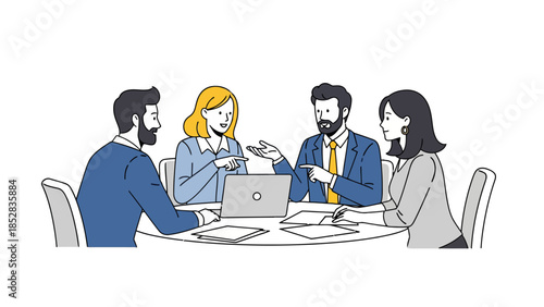 Four people sitting around a table with a laptop