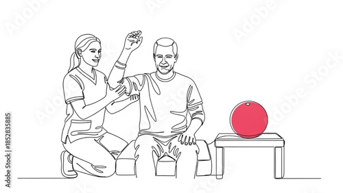 High-quality black continuous line art of stroke patient practicing arm mobility exercises with therapist guidance, physiotherapy, neurological rehabilitation, elderly healthcare wellness illustration