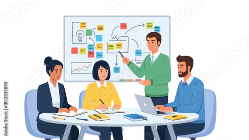 Four people in an office meeting around a table with a whiteboard behind them