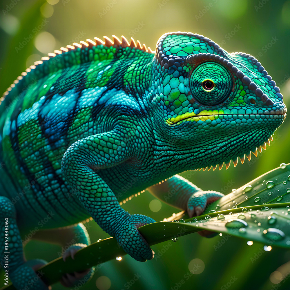 Obraz premium Chameleons change color by manipulating specialized skin cells called iridophores, which contain nanocrystals, pigments, producing a variety of spectacular colors for camouflage or communication.