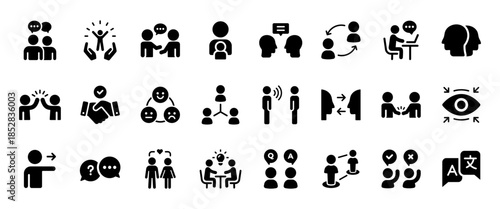 Human interaction and communication icons showing people talking, chatting, teamwork and social connection. Black symbols for business, UI, apps, social media, education and corporate communication.