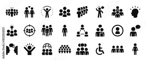 People and social icon set with user, team, group and community symbols. Clean flat design for business, UI, HR, communication, social media, apps and corporate interfaces. Black glyph filled icon set