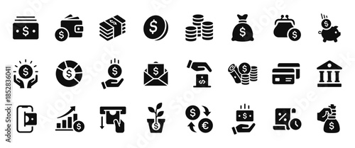 Money and finance icons with banking, payments, savings, investment and income concepts. Black filled symbols for financial apps, fintech, business dashboards, accounting and corporate projects.