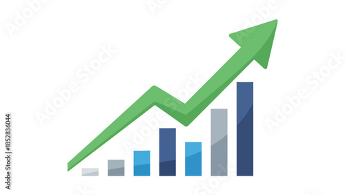 Green arrow graph over rising bar chart