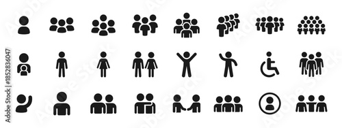 People and user silhouettes icons showing individuals, groups and crowd concepts. Black filled glyph symbols for UI, HR, social media, business dashboards, apps and corporate interfaces.