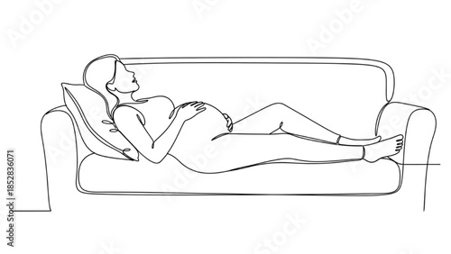 High-quality black continuous line art of pregnant woman lying on sofa resting with pillow under back, maternity, prenatal care, relaxation, motherhood wellness illustration
