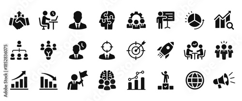 Business and management icon set with strategy, analytics, leadership and growth concepts. Black symbols for corporate presentations, dashboards, startups, consulting, marketing and finance projects.
