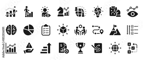 Business strategy icons with planning, analytics, goals, growth and decision concepts. Black filled symbols for corporate presentations, dashboards, consulting, startups and management projects.