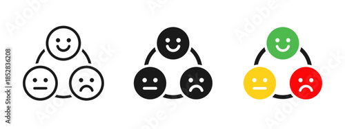 Emotion and feedback icon showing happy, neutral and sad faces. Clean vector symbol for user experience, satisfaction rating, mood evaluation, psychology concepts, surveys and interface design.