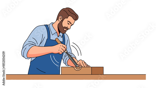 Man carving wood with chisel on table
