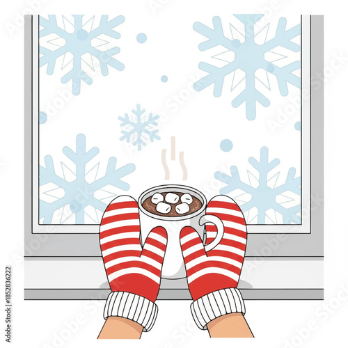 Illustration of hands wearing red and white striped socks holding a mug of hot chocolate with marshmallows by a snowy window.