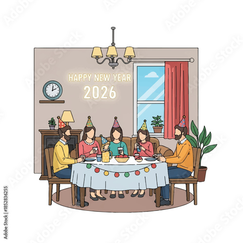Illustration of a diverse family celebrating Happy New Year 2026 with a festive dinner at home with decorations and a window.