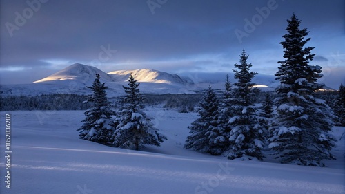 Serene winter landscape with snow-covered fir trees and distant mountains illuminated by a gentle sunlight at dusk, creating a peaceful and frosty natural scene