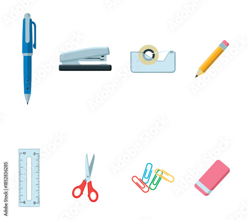 Office and school supplies flat icons set