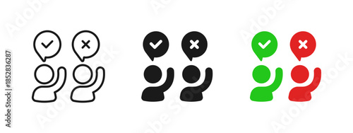 Decision and voting icon showing approval and rejection choices. Clean vector symbol for feedback, yes or no decisions, user opinion, surveys, confirmation, selection interfaces.