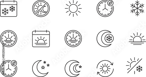 Time and weather icon set, black line style, vector symbols for forecast, calendar, celestial, seasonal, climate, scheduling